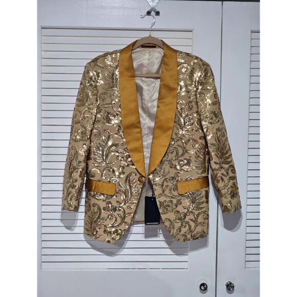 NWT Alberto Nardoni Men's Gold Sequin Blazer Shawl Collar Satin Trim Sz S 232 - Picture 12 of 12